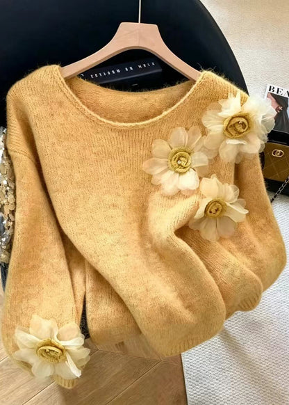 Casual White O-Neck Stereoscopic Floral Knit Sweaters Fall