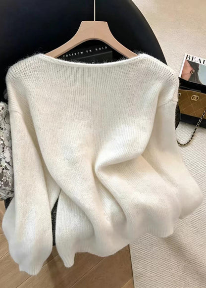Casual White O-Neck Stereoscopic Floral Knit Sweaters Fall