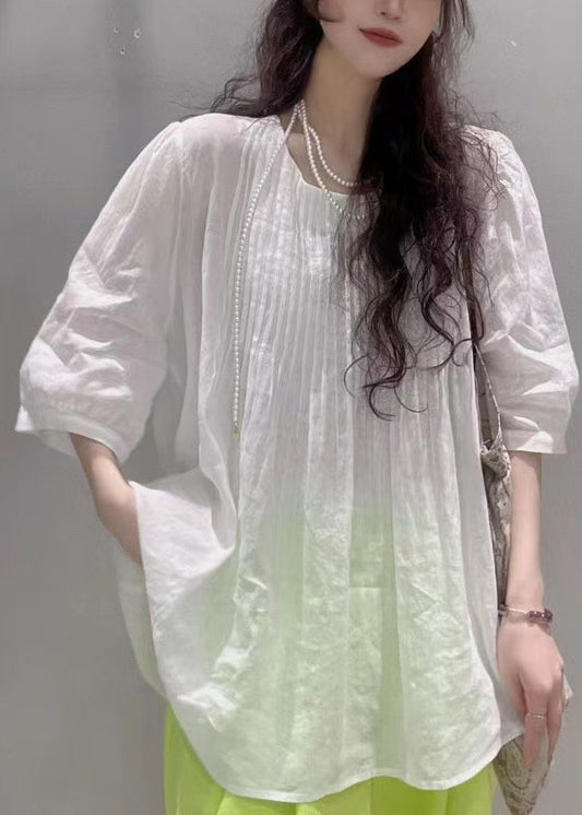 Casual White O-Neck Wrinkled Cotton Tops Summer