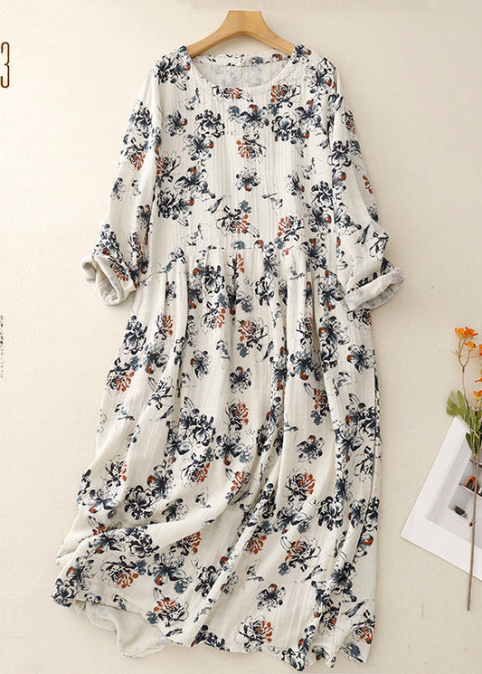 Casual White Oversized Print Linen Maxi Dresses Spring