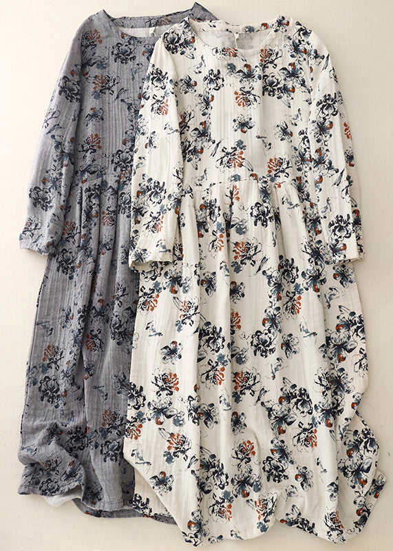 Casual White Oversized Print Linen Maxi Dresses Spring