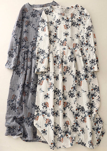 Casual White Oversized Print Linen Maxi Dresses Spring