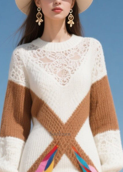 Casual White Patchwork Lace Knitted Dress Winter