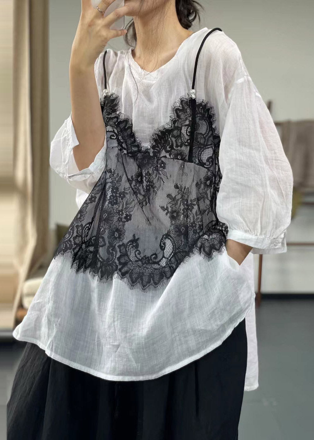 Casual White Patchwork Side Open Fake Two-Piece T Shirt Half Sleeve