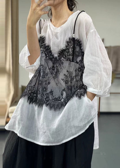 Casual White Patchwork Side Open Fake Two-Piece T Shirt Half Sleeve