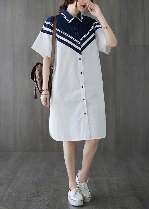 Casual White Patchwork long shirts Summer Cotton Dress - SooLinen
