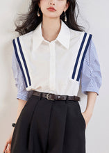 Load image into Gallery viewer, Casual White Peter Pan Collar Striped Patchwork Top Half Sleeve