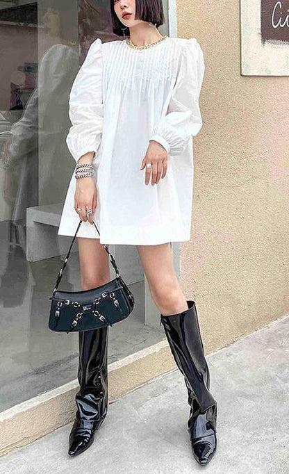 Casual White Puff Sleeve Holiday Summer Cotton Dress - SooLinen