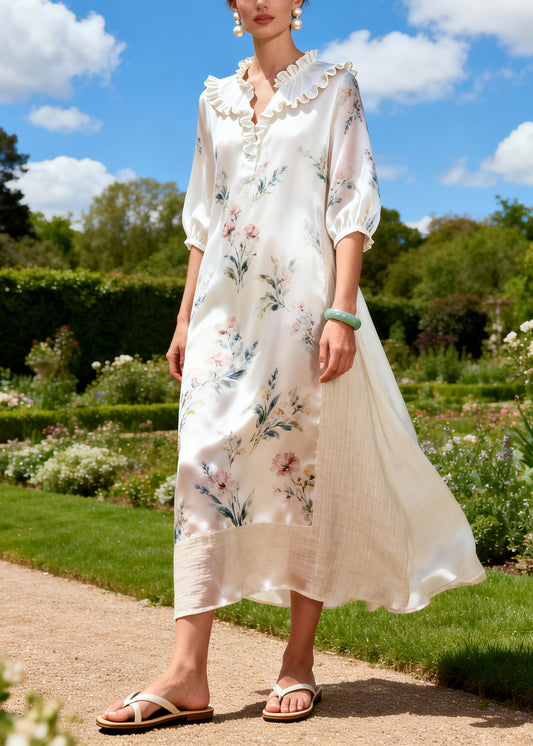 Casual White Ruffled Patchwork Print Linen Silk Dresses Summer
