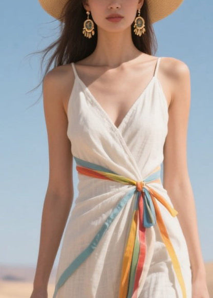 Casual White Side Open Multicolour Ribbon Cotton Sun Dress Summer