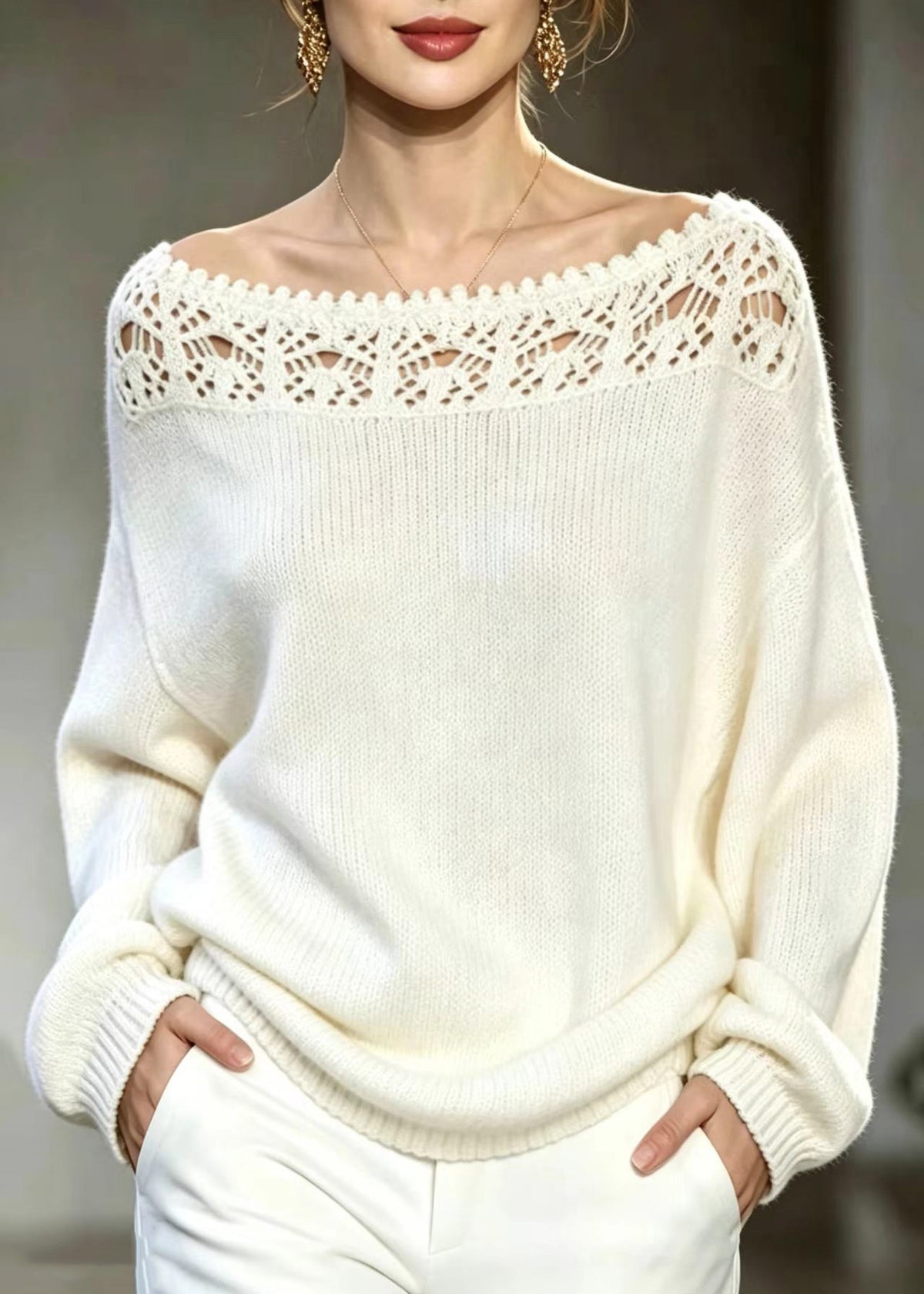 Casual White Slash Neck Hollow Out Crochet Knit Sweater Tops Fall