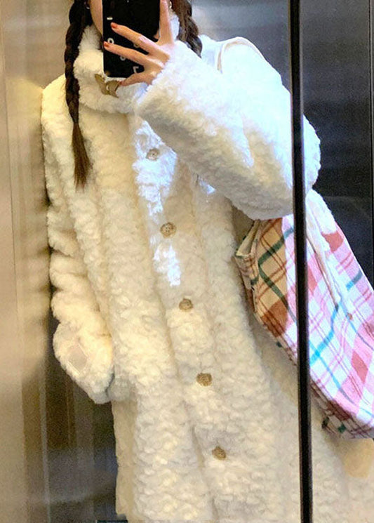Casual White Stand Collar Button Warm Faux Fur Long Coats Winter