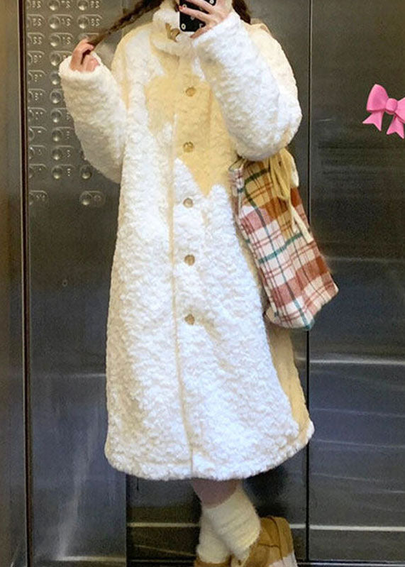 Casual White Stand Collar Button Warm Faux Fur Long Coats Winter