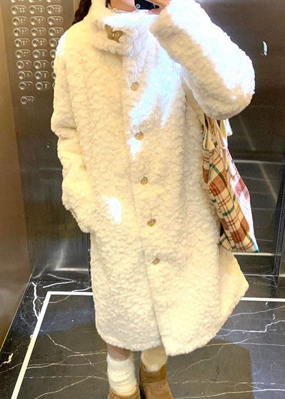 Casual White Stand Collar Button Warm Faux Fur Long Coats Winter