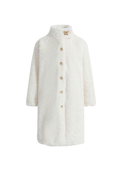 Casual White Stand Collar Button Warm Faux Fur Long Coats Winter