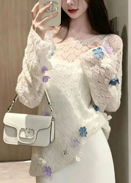 Casual White Stereoscopic Floral Hollow Out Knit Sweaters Fall