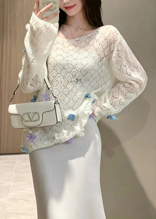 Casual White Stereoscopic Floral Hollow Out Knit Sweaters Fall
