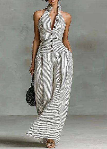 Casual White Striped Stand Collar Button Jumpsuit Sleeveless