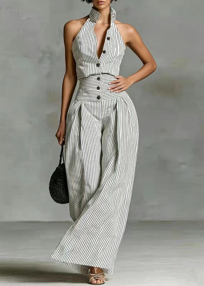 Casual White Striped Stand Collar Button Jumpsuit Sleeveless