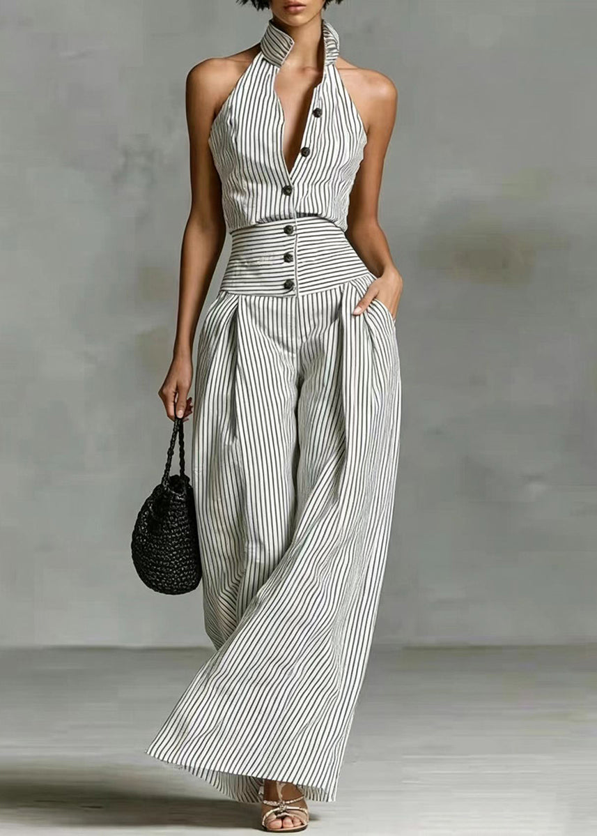 Casual White Striped Stand Collar Button Jumpsuit Sleeveless