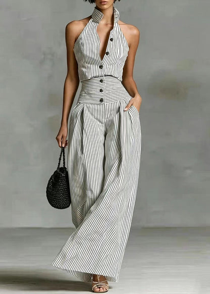 Casual White Striped Stand Collar Button Jumpsuit Sleeveless