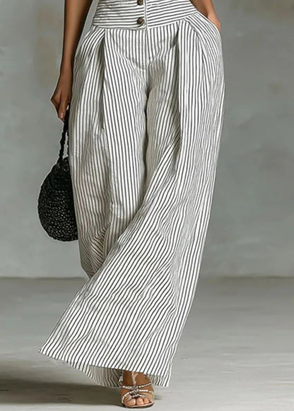 Casual White Striped Stand Collar Button Jumpsuit Sleeveless