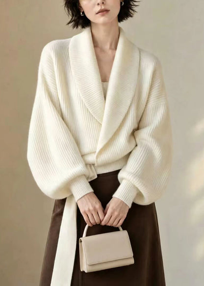 Casual White Turn-Down Collar Wrap Cross Tie Knit Sweater Lantern Sleeve