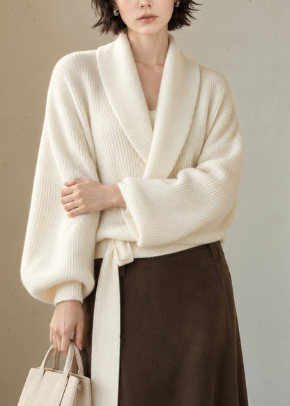 Casual White Turn-Down Collar Wrap Cross Tie Knit Sweater Lantern Sleeve
