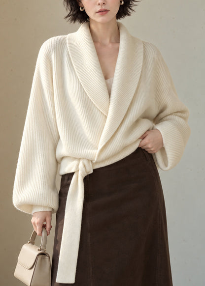 Casual White Turn-Down Collar Wrap Cross Tie Knit Sweater Lantern Sleeve