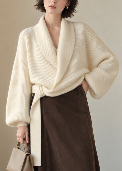 Casual White Turn-Down Collar Wrap Cross Tie Knit Sweater Lantern Sleeve
