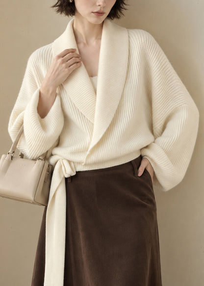 Casual White Turn-Down Collar Wrap Cross Tie Knit Sweater Lantern Sleeve