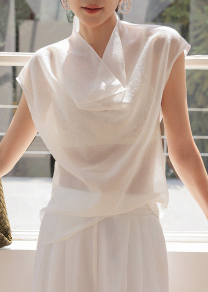 Casual White Turtle Neck Chiffon Sheer Tops Sleeveless