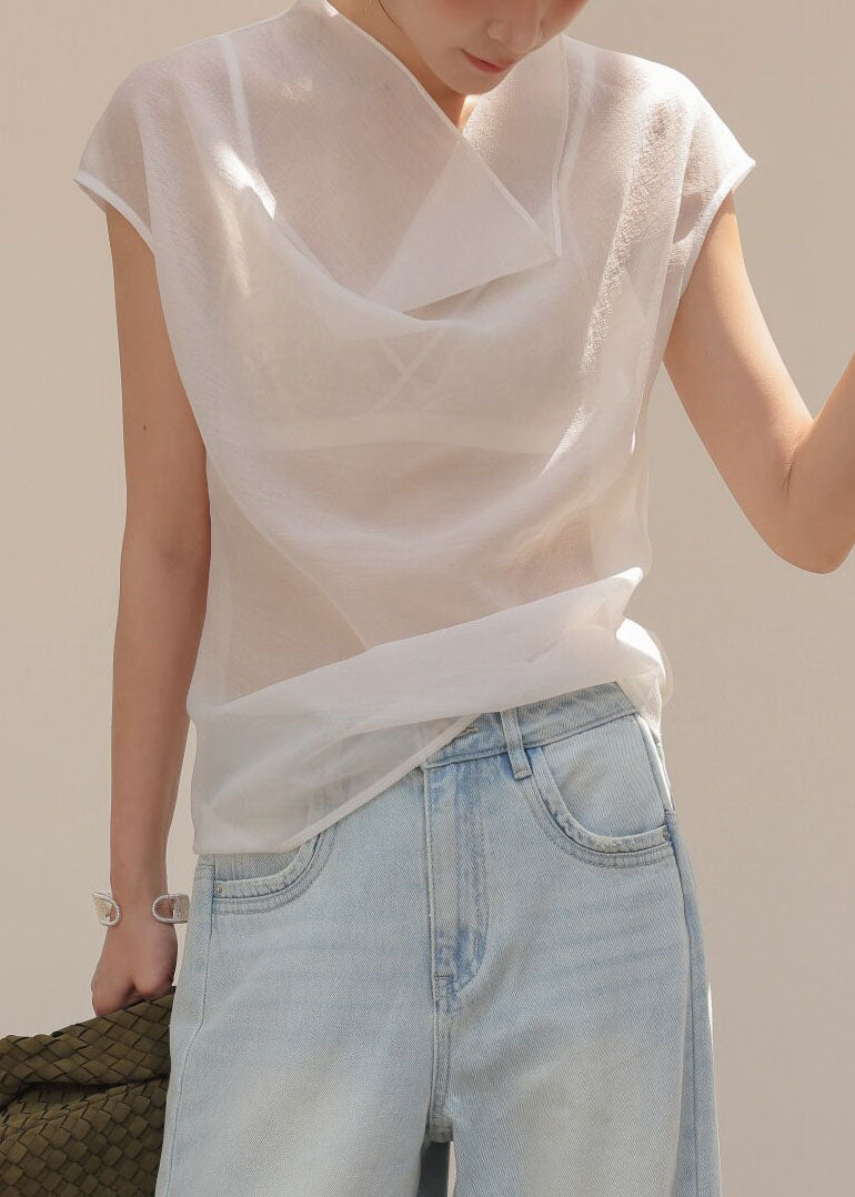 Casual White Turtle Neck Chiffon Sheer Tops Sleeveless