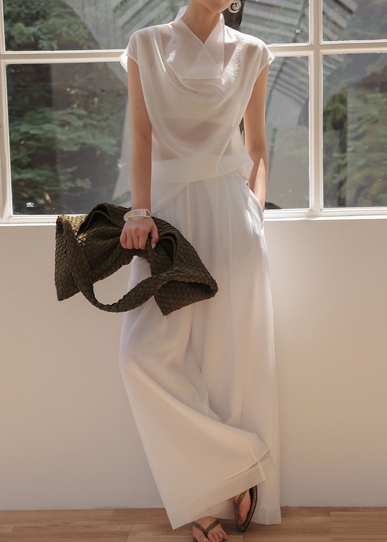 Casual White Turtle Neck Chiffon Sheer Tops Sleeveless