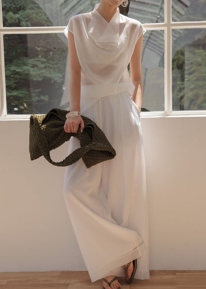 Casual White Turtle Neck Chiffon Sheer Tops Sleeveless