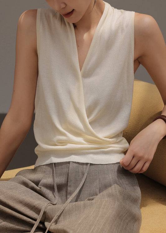 Casual White V Neck Knit Shirts Sleeveless