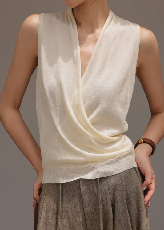 Casual White V Neck Knit Shirts Sleeveless