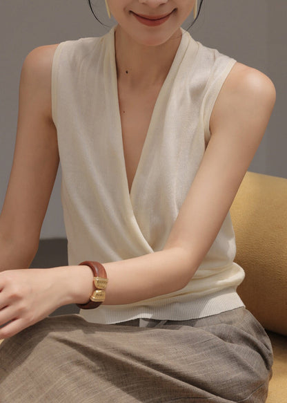 Casual White V Neck Knit Shirts Sleeveless