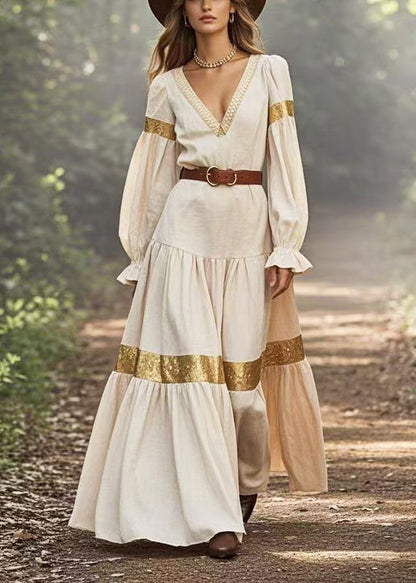 Casual White V Neck Patchwork Exra Large Hem Vacation Dress Spring