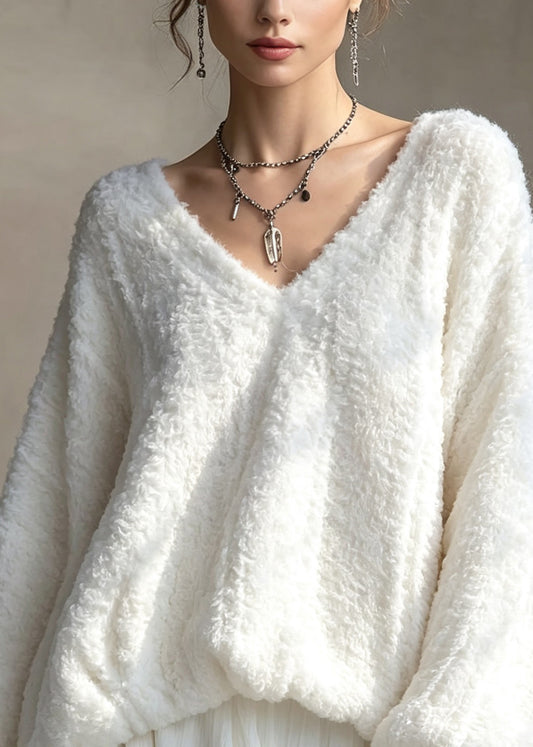 Casual White V Neck Patchwork Faux Fur Blouse Tops Fall