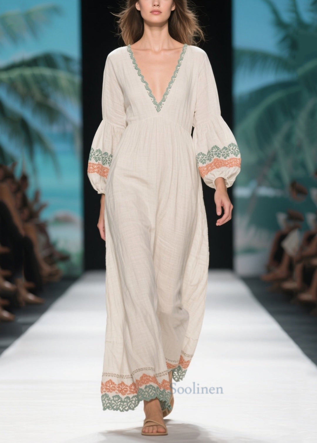 Casual White V Neck Patchwork Linen Dress Lantern Sleeve