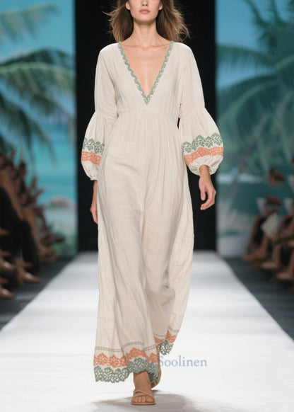 Casual White V Neck Patchwork Linen Dress Lantern Sleeve