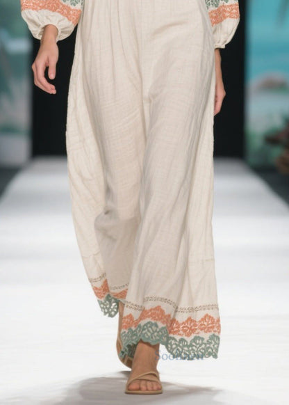 Casual White V Neck Patchwork Linen Dress Lantern Sleeve