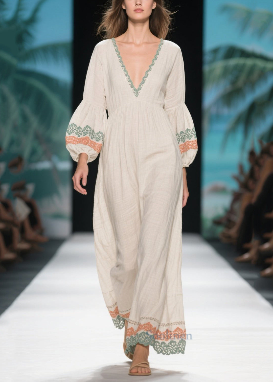 Casual White V Neck Patchwork Linen Dress Lantern Sleeve