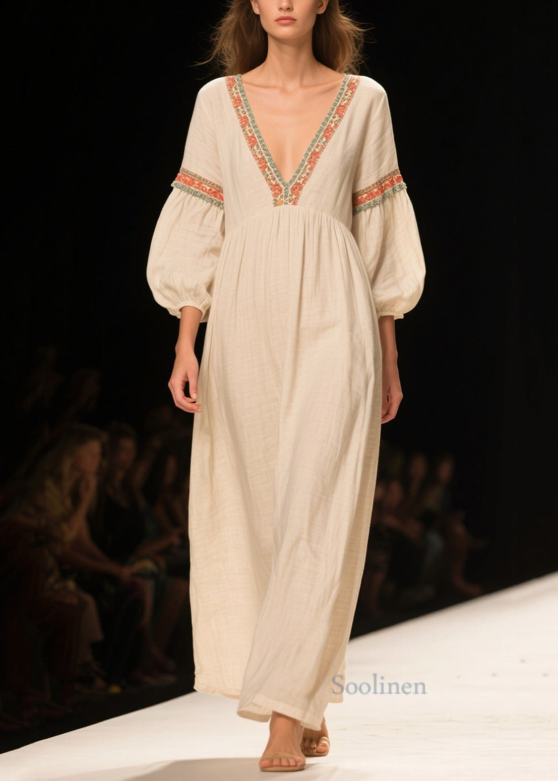 Casual White V Neck Patchwork Linen Maxi Dresses Bracelet Sleeve