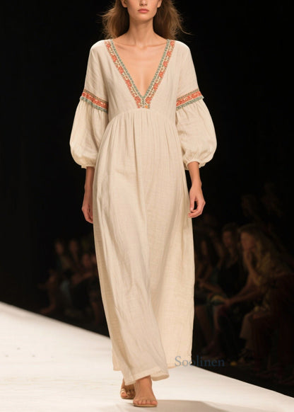 Casual White V Neck Patchwork Linen Maxi Dresses Bracelet Sleeve