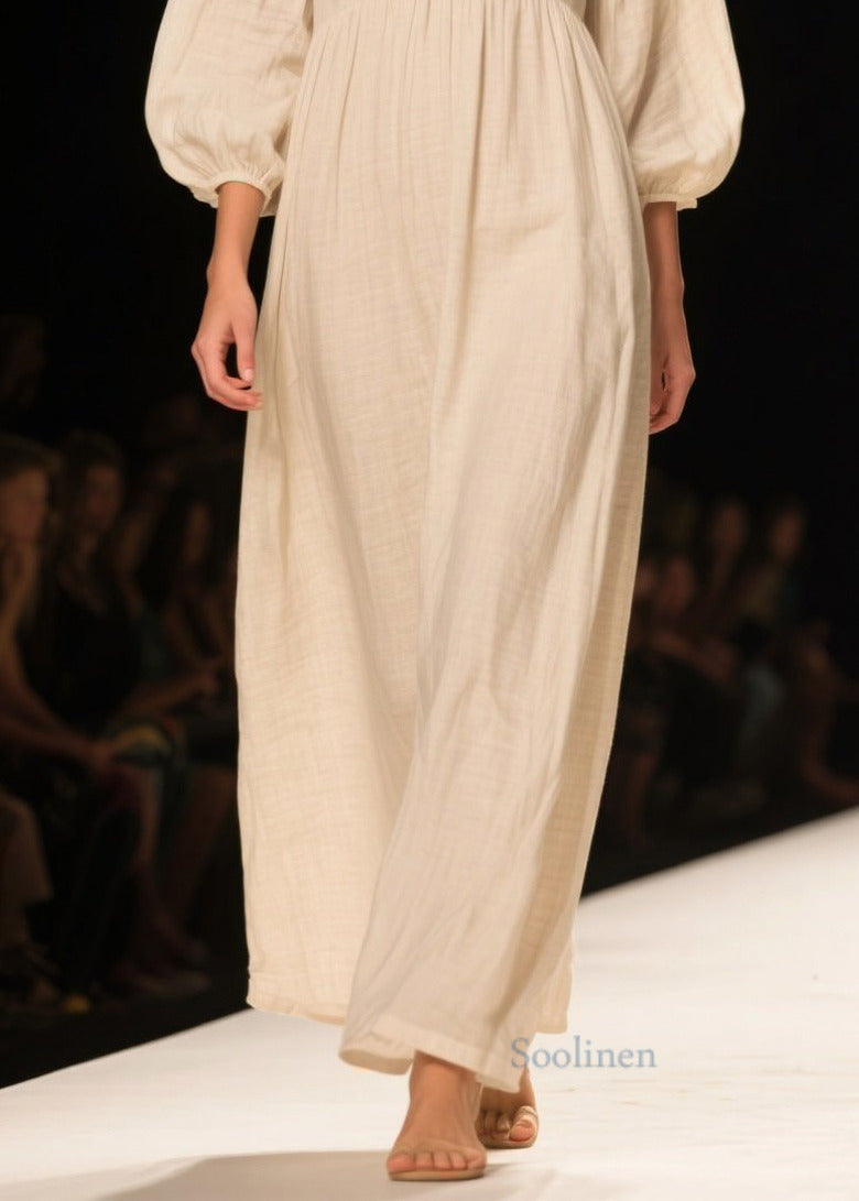 Casual White V Neck Patchwork Linen Maxi Dresses Bracelet Sleeve