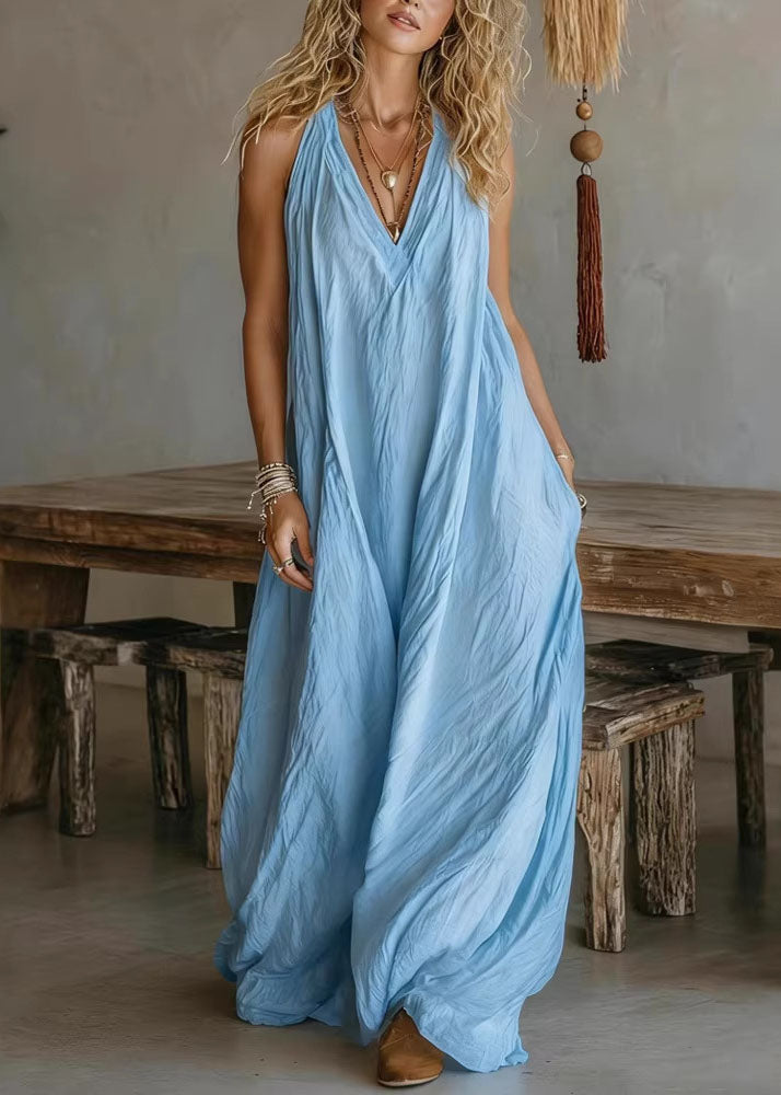 Casual White V Neck Pockets Cotton Long Dress Sleeveless