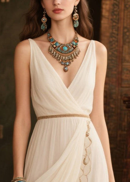 Casual White V Neck Side Open Tulle Beach Dresses Summer