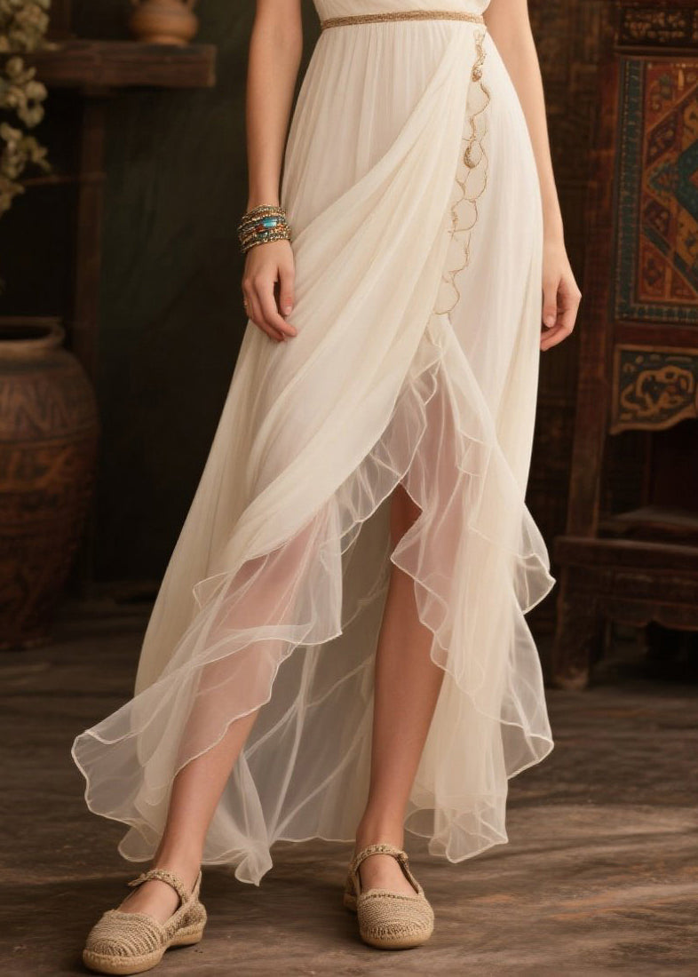 Casual White V Neck Side Open Tulle Beach Dresses Summer